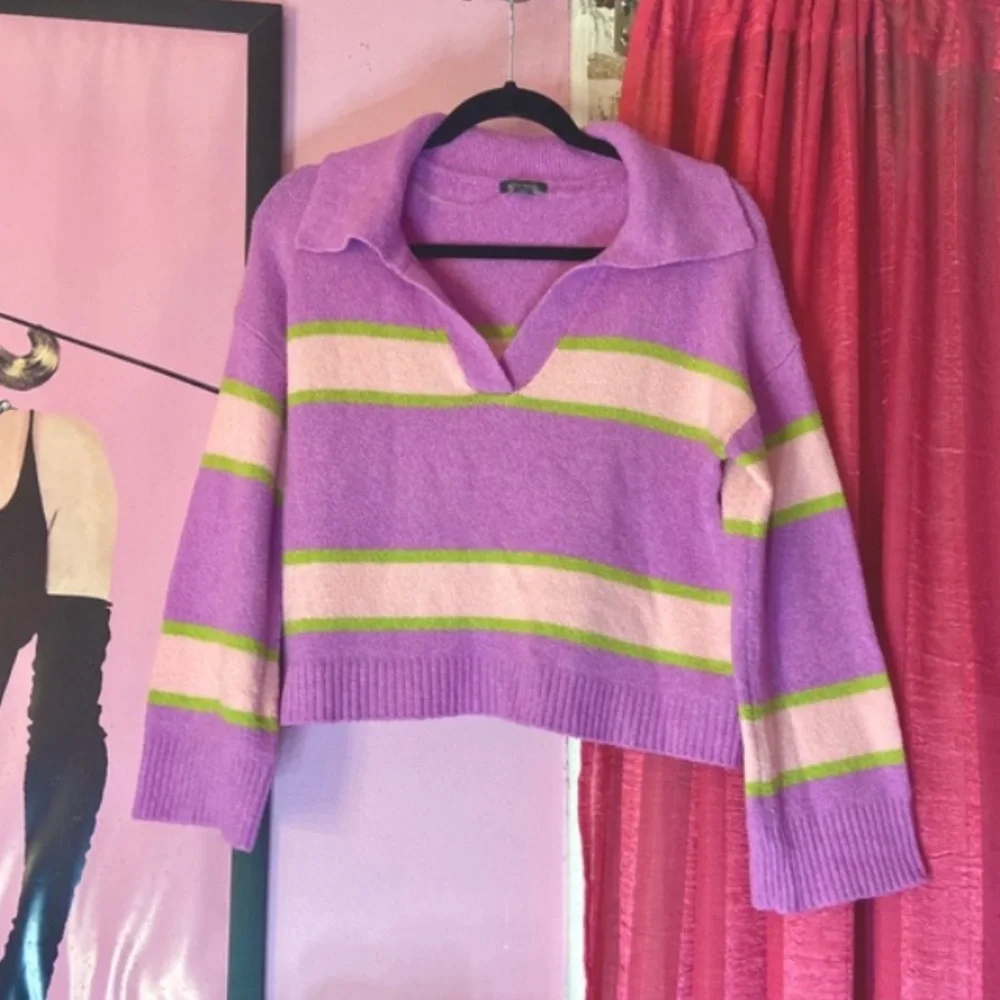 Wild Fable Cropped Orchid Striped V Neck Lightweight Pullover Sweater Women’s Sm - Picture 1 of 5